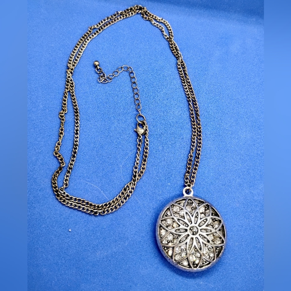Silvertone Round Reversible Necklace with Crystals